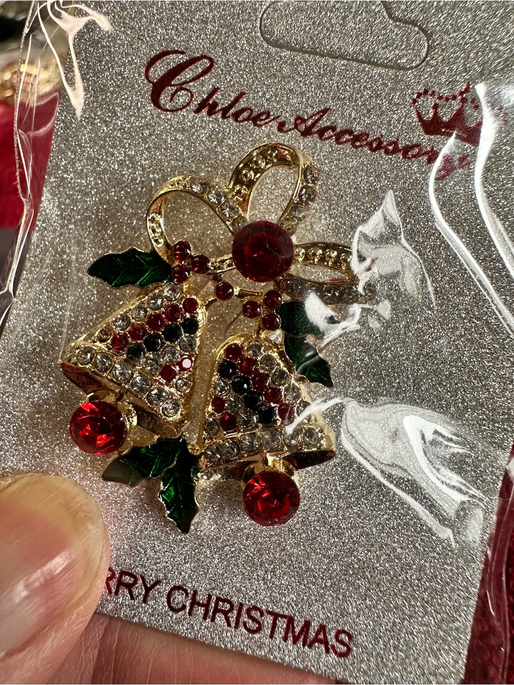 Gold-Tone Christmas Bell Brooch with Red & Green Accents